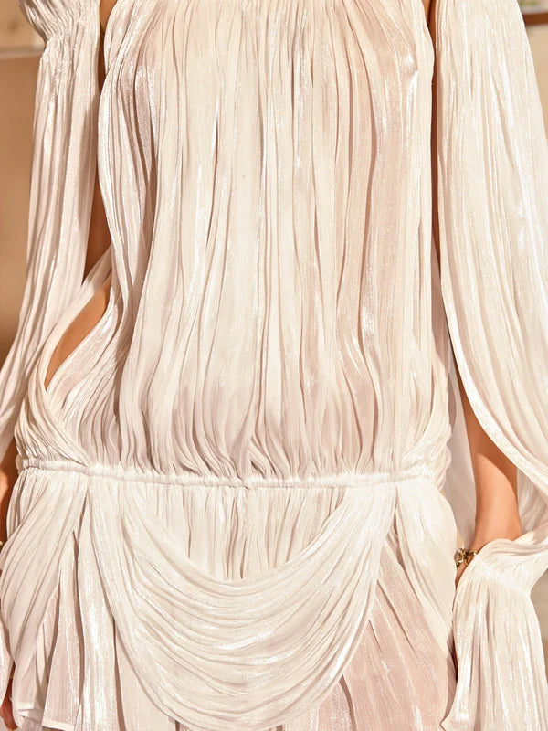 Draped mini dress with bell sleeves