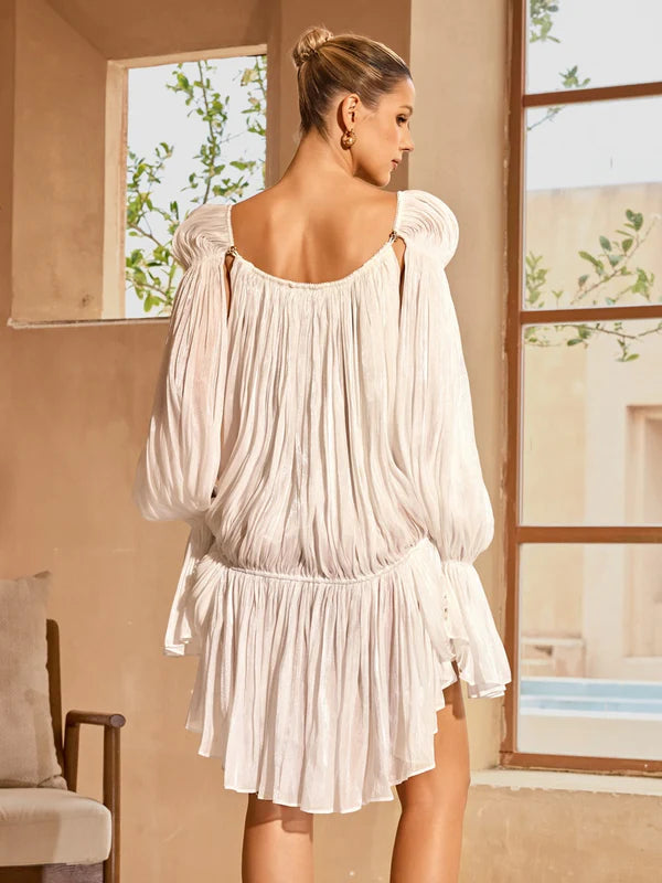 Draped mini dress with bell sleeves