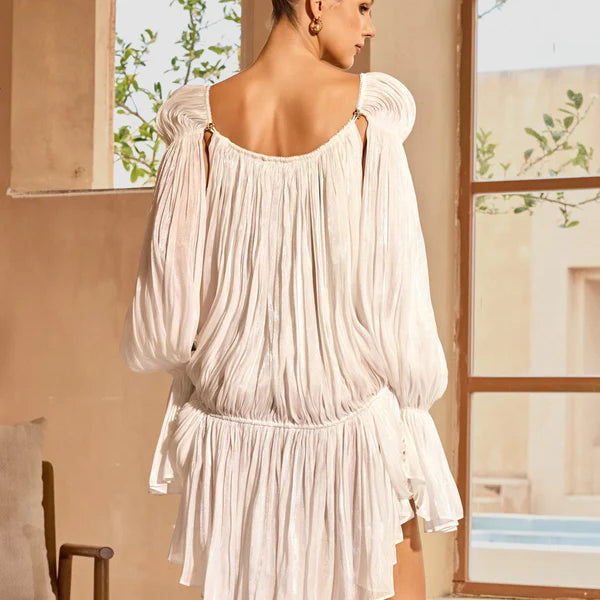 Draped mini dress with bell sleeves