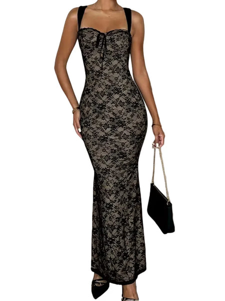 Long lace dress for women with ties and spaghetti straps