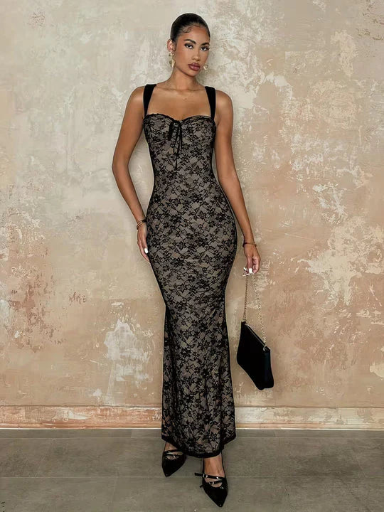 Long lace dress for women with ties and spaghetti straps