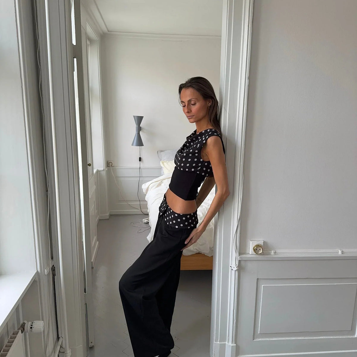 Two-piece set with black polka dots