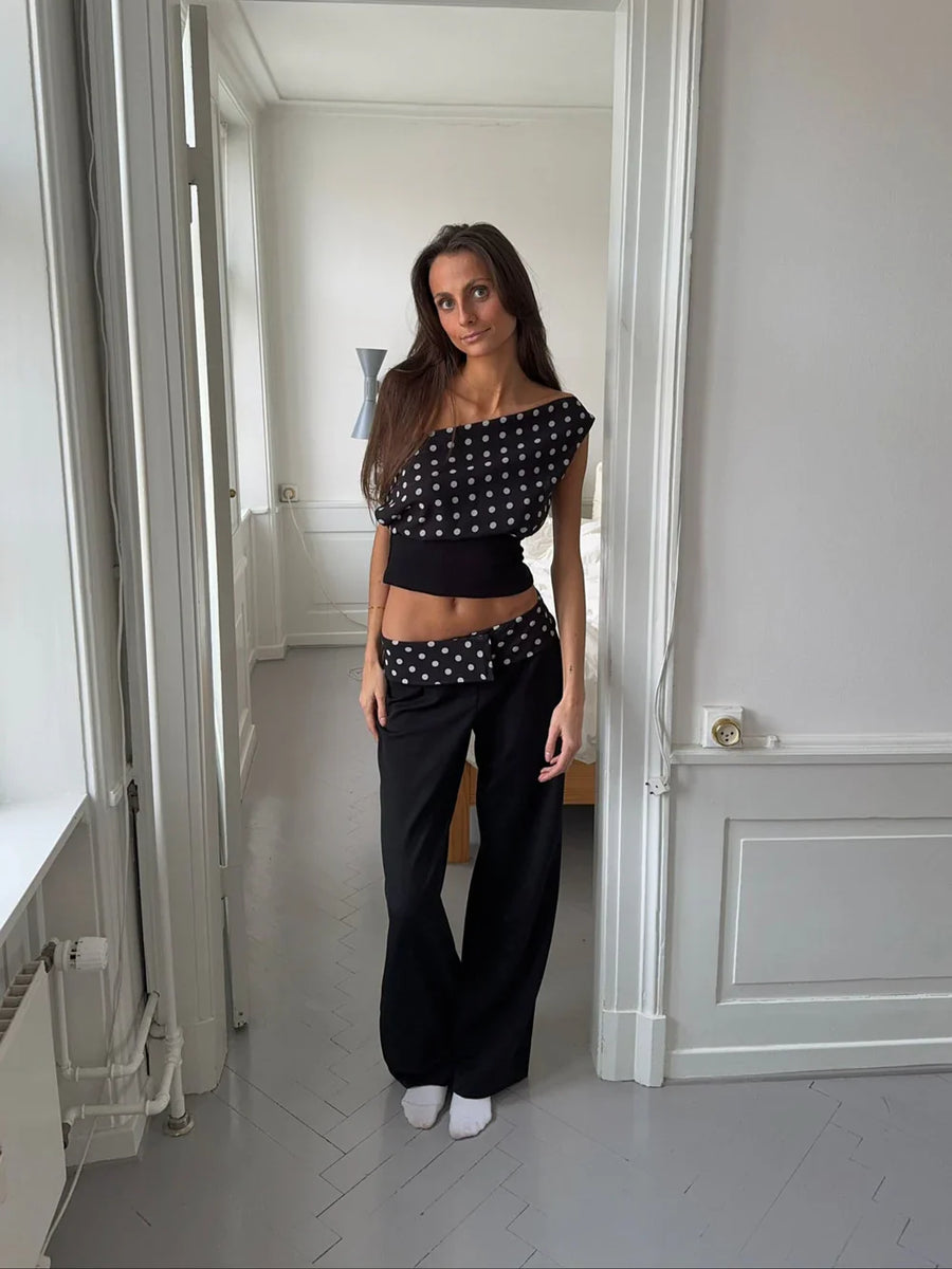 Two-piece set with black polka dots