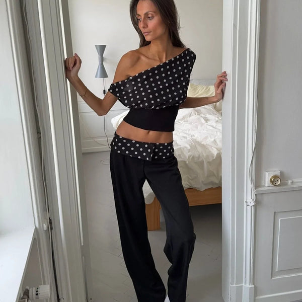 Two-piece set with black polka dots